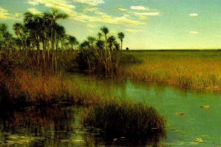 Prompt: Florida landscape, everglades, Willard Metcalf, beautiful artwork, Thomas Moran, Keith Gunderson, Hermann Herzog