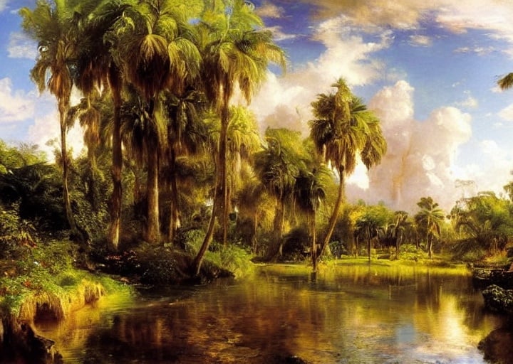 Prompt: Florida landscape, Hermann Herzog, beautiful artwork, Thomas Moran, Keith Gunderson, Peder Mork Monsted,