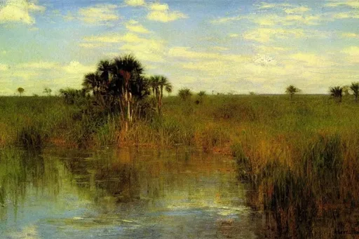 Prompt: Florida landscape, everglades,cabbage palm, Willard Metcalf, beautiful artwork, Thomas Moran, Keith Gunderson, Hermann Herzog