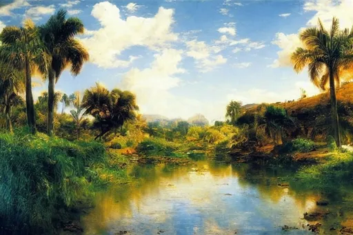 Prompt: Florida landscape, Hermann Herzog, beautiful artwork, Thomas Moran, Keith Gunderson, Peder Mork Monsted,