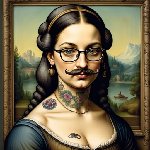 Prompt: 
The Mona Lisa with a mustache, with pigtails, with tattoos on her neck, with glasses and with a big cleavage