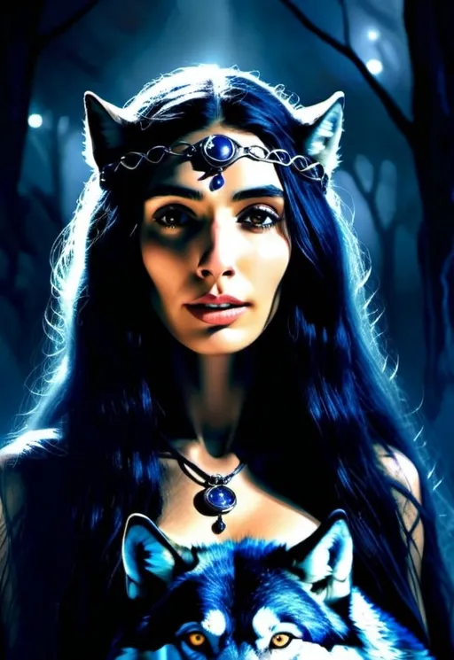 Prompt: (Hecate goddess), mystical woman standing gracefully amidst the shadows, surrounded by howling wolves, eerie moonlight illuminating the scene, deep indigo and silver tones, ethereal ambiance, invoking mystery and empowerment, organic elements entwined in the background, ultra-detailed, high-quality image, cinematic flair, nature and magic intertwining harmoniously.