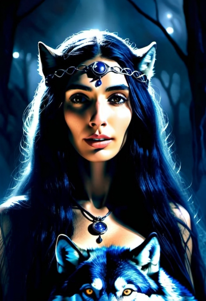 Prompt: (Hecate goddess), mystical woman standing gracefully amidst the shadows, surrounded by howling wolves, eerie moonlight illuminating the scene, deep indigo and silver tones, ethereal ambiance, invoking mystery and empowerment, organic elements entwined in the background, ultra-detailed, high-quality image, cinematic flair, nature and magic intertwining harmoniously.