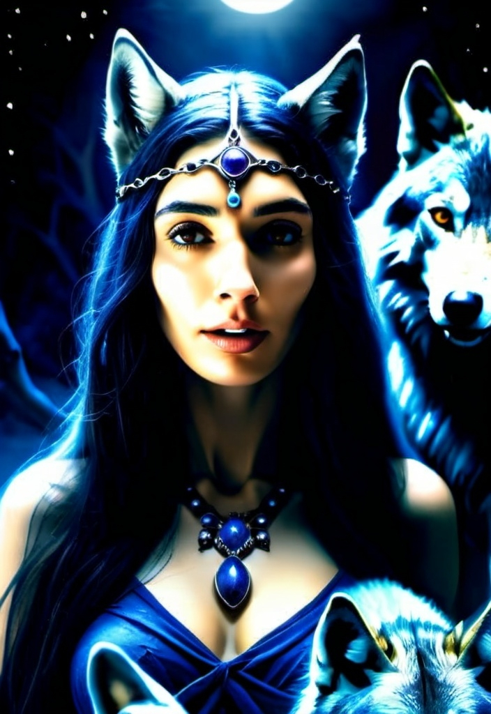 Prompt: (Hecate goddess), mystical woman standing gracefully amidst the shadows, surrounded by howling wolves, eerie moonlight illuminating the scene, deep indigo and silver tones, ethereal ambiance, invoking mystery and empowerment, organic elements entwined in the background, ultra-detailed, high-quality image, cinematic flair, nature and magic intertwining harmoniously.