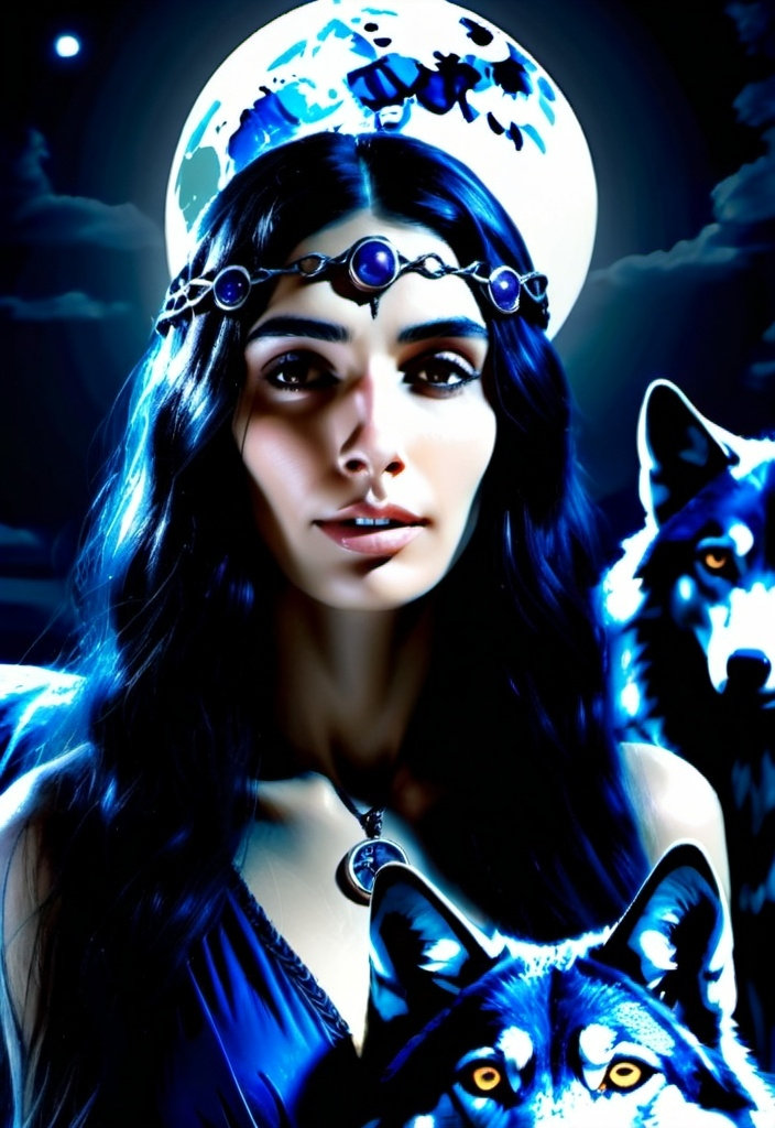 Prompt: (Hecate goddess), mystical woman standing gracefully amidst the shadows, surrounded by howling wolves, eerie moonlight illuminating the scene, deep indigo and silver tones, ethereal ambiance, invoking mystery and empowerment, organic elements entwined in the background, ultra-detailed, high-quality image, cinematic flair, nature and magic intertwining harmoniously.