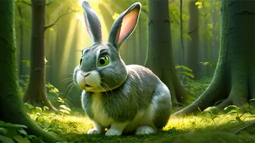 Prompt: Confident rabbit in a large forest, detailed fur with natural textures, realistic illustration, vibrant green tones, dappled sunlight filtering through the trees, intense and determined gaze, best quality, ultra-detailed, realistic, forest, detailed fur, confident, vibrant, sunlight, determined, professional lighting