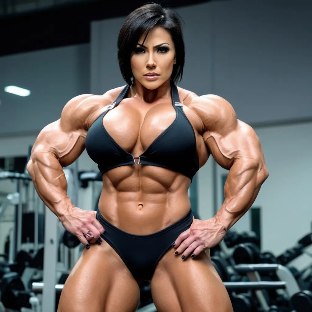 Prompt: High resolution, ultra detail, female, huge female indonesian bodybuilder, big body, huge body, big arms, huge arms,huge biceps muscle, huge forearm muscle, huge abs, huge oblique muscle, huge pecs muscle, big neck, huge chest muslce,big chest muscle, huge pecs muscle, (huge traps muscles), huge delts muscle, huge shoulder size,huge lats muscle, huge body, steroid female bodybuilder, huge bulky female, beauty face, short black hair, huge bulky female, ultra detail muscle, detail face, ((angry expression)),wear leather boots, wear chain neckle on neck, doube rise up biceps pose,raise both hands up, ultra detail face, tall 190 cm, angry expression, sweaty body