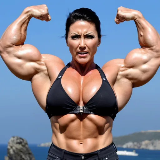 Prompt: High resolution, ultra detail, female, 40 years old huge female japanese bodybuilder, big body, huge body,prety face, big arms, huge arms,huge biceps muscle, huge forearm muscle, huge abs, huge oblique muscle, huge pecs muscle, big neck, huge chest muslce,big chest muscle, wide chest, huge pecs muscle, (huge traps muscles), huge delts muscle, huge shoulder size,huge lats muscle, wide chest, huge body, steroid female bodybuilder, huge bulky female, beauty face, short black hair, huge bulky female, ultra detail muscle, detail face, ((angry expression)),wear leather boots, wear chain neckle on neck, doube rise up biceps pose,raise both hands up, ultra detail face, tall 190, visible from head to toe, cm, angry expression, sweaty body, body smeared with oil, beauty face