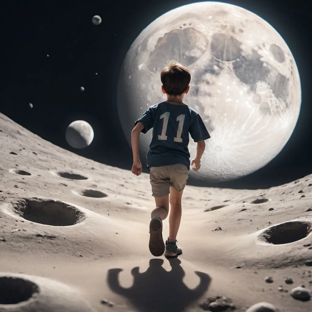 Prompt: A boy run across the moons surface