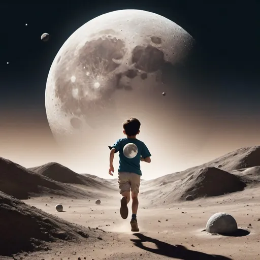 Prompt: A boy run across the moons surface