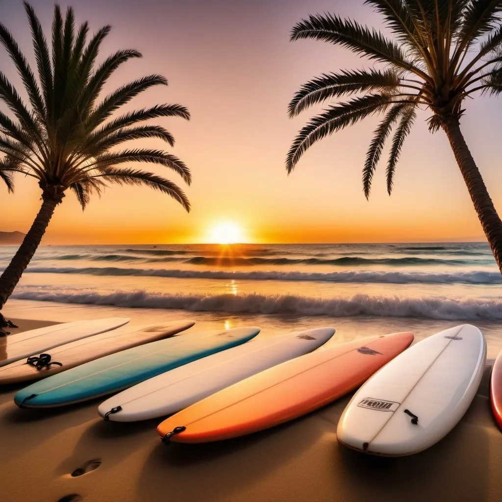 Prompt: An image from Fuerteventura island with palm trees and a sunset with surfboards
