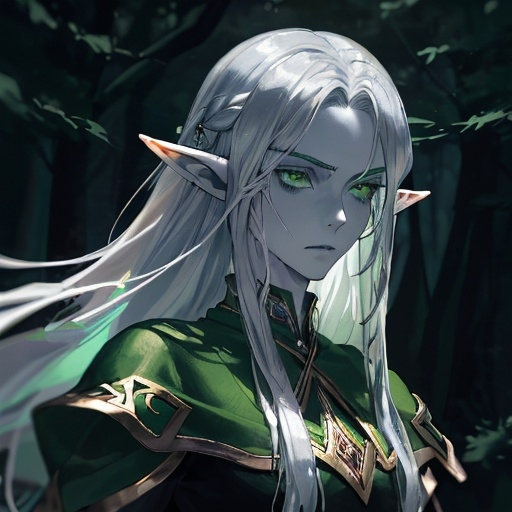 Prompt: The image shows an women -  elf with long silver hair that falls freely over his shoulders. His face has refined features and high cheekbones, giving him an elegant and somewhat arrogant appearance. The elf's eyes are green and cold, which emphasizes his piercing and slightly gloomy gaze. Ritual tattoos are visible on his face, which add mystery and mystery to his image.

The elf is dressed in dark armor with green elements that emphasize his slender and graceful figure. The ears are sharp and long, typical of the elven race. The background of the image is dark, with silhouettes of trees, which creates the atmosphere of a night forest and adds a sense of mysticism and mystery.

All this together creates the image of a mysterious and powerful elf wanderer, confident in his abilities and immersed in his thoughts.