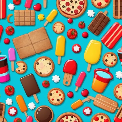 Prompt: School Bake sale inspired background. Include elements like popsicles, pizza, cookies, juice etc