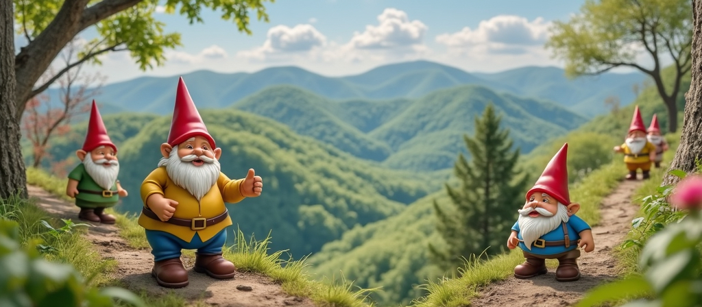 Prompt: Nestled in a lush, verdant landscape, a group of cheerful garden gnomes, each adorned with bright red hats, populate a winding trail that cuts through rolling mountains of North Carolina. The gnomes, characterized by their jolly expressions and distinctive attire, stand amidst a rich palette of greens, with some actively engaging in conversation and others observing the breathtaking view. Sunlight filters through the leaves, casting a warm glow over the scene, which evokes a sense of whimsy and adventure. The backdrop features gentle hills fading into a serene blue sky, enhancing the peaceful atmosphere of this enchanting woodland setting. Engaging and playful, this image captures the magic of old mountain folklore and nature intertwined.