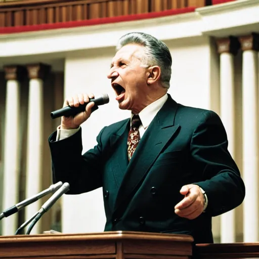 Prompt: Communist leader Nicolae Ceaușescu screaming în public speech at the Bucharest parliament