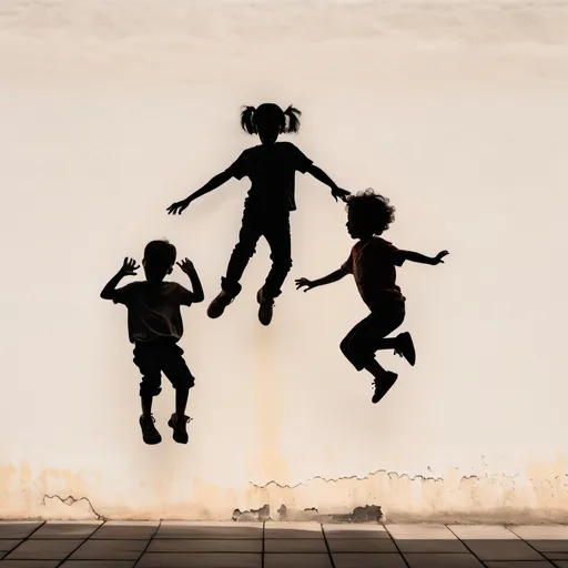 Prompt: a single house wall with a silhouette of 2  small kids on  jumping