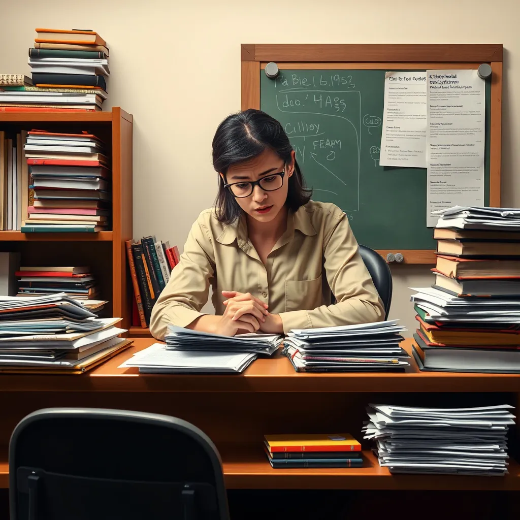 Prompt: stressed teacher sitting
at a desk, surrounded by stacks of papers and books