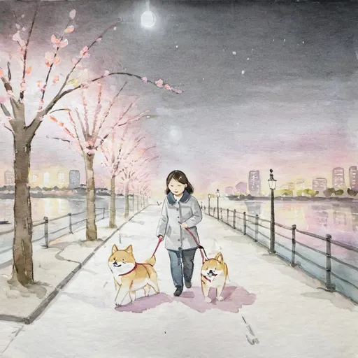 Prompt: On a spring night in Seoul, Korea, a young working woman takes her small yellow Shiba on leash for a walk along the Han River. There are lights besides street. The scene is illustrated from a wide-angle perspective, capturing the entire serene riverside. A gentle breeze moves through the cherry blossoms lining the walkway. The woman finds comfort in the peaceful moment as her dog happily trots beside her