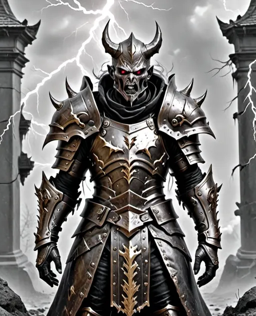 Prompt: Remove the monsters black clothing and put them in blood stained bronze armor, add lightning strikes, change style to more baroque grayscale, put more anger on face