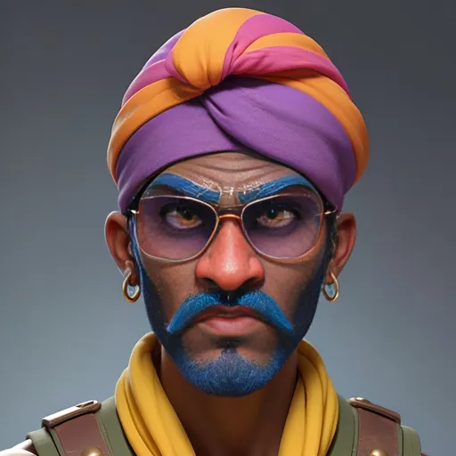 Prompt: 3D render of a dark blue-skinned buff man with a blue blaze on his face, short red hair hidden under a purple turban, pink sunglasses with orange lenses worn above his forehead, big red eyebrows, a small red stubble on the tip of his chin, red catfish-like whiskers, an outward pointed nose, yellow eyes, three piercings on each eyebrow (two rings, one stud), a single stud piercing on his chin, two stud piercings and one ring piercing on each lip, two stud piercings on both sides on his nose, one ring piercing between his nostrils, five stud piercings and two ring piercings in each ear, a yellow short-sleeved shirt with a collar, a red tie, red shoulder pads with yellow stripes, green and brown Army pants, and gray military boots