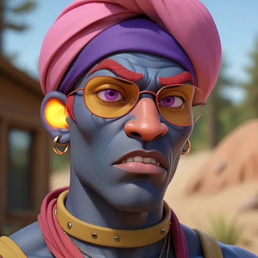 Prompt: 3D render of a dark blue-skinned buff man with a blue blaze on his face, short red hair hidden under a purple turban, pink sunglasses with orange lenses worn above his forehead, big red eyebrows, a small red stubble on the tip of his chin, red catfish-like whiskers, an outward pointed nose, yellow eyes, three piercings on each eyebrow (two rings, one stud), a single stud piercing on his chin, two stud piercings and one ring piercing on each lip, two stud piercings on both sides on his nose, one ring piercing between his nostrils, five stud piercings and two ring piercings in each ear, a yellow short-sleeved shirt with a collar, a red tie, red shoulder pads with yellow stripes, green and brown Army pants, and gray military boots
