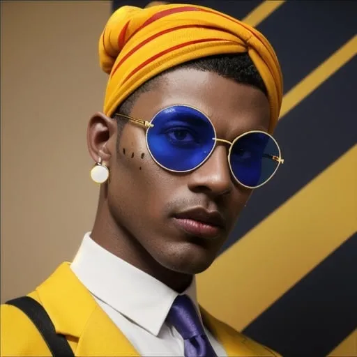 Prompt: Photorealistic render of a dark blue-skinned buff man with a blue blaze on his face, short red hair hidden under a purple turban, pink sunglasses with orange lenses worn above his forehead, big red eyebrows, a small red stubble on the tip of his chin, red catfish-like whiskers, an outward pointed nose, yellow eyes, three piercings on each eyebrow (two rings, one stud), a single stud piercing on his chin, two stud piercings and one ring piercing on each lip, two stud piercings on both sides on his nose, one ring piercing between his nostrils, five stud piercings and two ring piercings in each ear, a yellow short-sleeved shirt with a collar, a red tie, red shoulder pads with yellow stripes, green and brown Army pants, and gray military boots