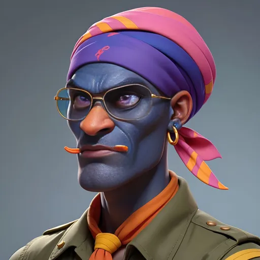 Prompt: 3D render of a dark blue-skinned buff man with a blue blaze on his face, short red hair hidden under a purple turban, pink sunglasses with orange lenses worn above his forehead, big red eyebrows, a small red stubble on the tip of his chin, red catfish-like whiskers, an outward pointed nose, yellow eyes, three piercings on each eyebrow (two rings, one stud), a single stud piercing on his chin, two stud piercings and one ring piercing on each lip, two stud piercings on both sides on his nose, one ring piercing between his nostrils, five stud piercings and two ring piercings in each ear, a yellow short-sleeved shirt with a collar, a red tie, red shoulder pads with yellow stripes, green and brown Army pants, and gray military boots