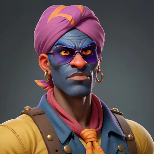 Prompt: 3D render of a dark blue-skinned buff man with a blue blaze on his face, short red hair hidden under a purple turban, pink sunglasses with orange lenses worn above his forehead, big red eyebrows, a small red stubble on the tip of his chin, red catfish-like whiskers, an outward pointed nose, yellow eyes, three piercings on each eyebrow (two rings, one stud), a single stud piercing on his chin, two stud piercings and one ring piercing on each lip, two stud piercings on both sides on his nose, one ring piercing between his nostrils, five stud piercings and two ring piercings in each ear, a yellow short-sleeved shirt with a collar, a red tie, red shoulder pads with yellow stripes, green and brown Army pants, and gray military boots