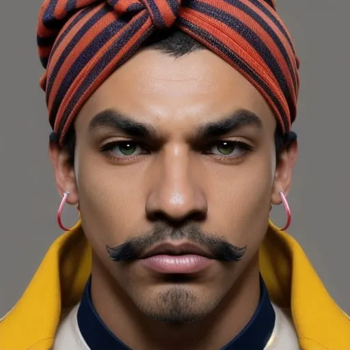 Prompt: Photorealistic render of a dark blue-skinned buff man with a blue blaze on his face, short red hair hidden under a purple turban, pink sunglasses with orange lenses worn above his forehead, big red eyebrows, a small red stubble on the tip of his chin, red catfish-like whiskers, an outward pointed nose, yellow eyes, three piercings on each eyebrow (two rings, one stud), a single stud piercing on his chin, two stud piercings and one ring piercing on each lip, two stud piercings on both sides on his nose, one ring piercing between his nostrils, five stud piercings and two ring piercings in each ear, a yellow short-sleeved shirt with a collar, a red tie, red shoulder pads with yellow stripes, green and brown Army pants, and gray military boots