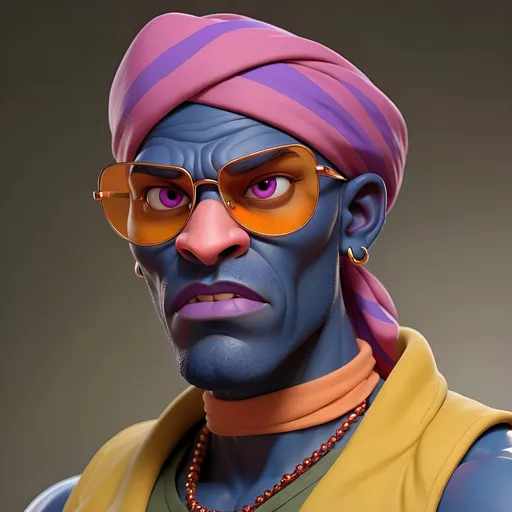 Prompt: 3D render of a dark blue-skinned buff man with a blue blaze on his face, short red hair hidden under a purple turban, pink sunglasses with orange lenses worn above his forehead, big red eyebrows, a small red stubble on the tip of his chin, red catfish-like whiskers, an outward pointed nose, yellow eyes, three piercings on each eyebrow (two rings, one stud), a single stud piercing on his chin, two stud piercings and one ring piercing on each lip, two stud piercings on both sides on his nose, one ring piercing between his nostrils, five stud piercings and two ring piercings in each ear, a yellow short-sleeved shirt with a collar, a red tie, red shoulder pads with yellow stripes, green and brown Army pants, and gray military boots