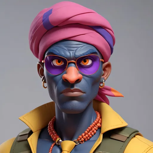 Prompt: 3D render of a dark blue-skinned buff man with a blue blaze on his face, short red hair hidden under a purple turban, pink sunglasses with orange lenses worn above his forehead, big red eyebrows, a small red stubble on the tip of his chin, red catfish-like whiskers, an outward pointed nose, yellow eyes, three piercings on each eyebrow (two rings, one stud), a single stud piercing on his chin, two stud piercings and one ring piercing on each lip, two stud piercings on both sides on his nose, one ring piercing between his nostrils, five stud piercings and two ring piercings in each ear, a yellow short-sleeved shirt with a collar, a red tie, red shoulder pads with yellow stripes, green and brown Army pants, and gray military boots