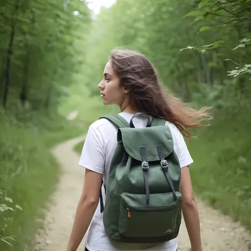 Prompt: young women, with a backpack in the nature. a still image only her hair is moving
