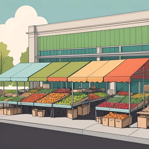 Prompt: Create a modern architecture layout for a farmers market that promotes sustainability and new life. Use lots of vibrant colors!