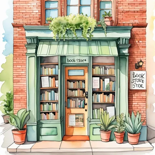 Prompt: cute book store, cozy book store, illustration, line art, watercolor, brick and mortar book store, plants near the doorstep, cross windows, you can see books trough the window, daytime, cozy, lineart, a sign that says "book store" above the door, store front 