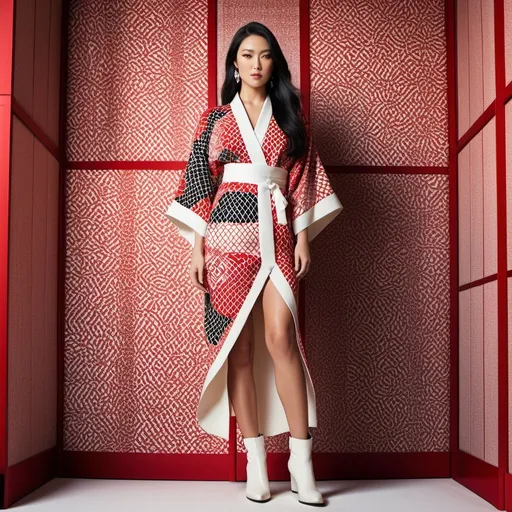 Prompt: Beautiful elegant, tall Japanese fashion model, long black hair, hazel eyes, short sleeveless red & white geometric print kimono dress, white boots, bosomy, curvy, ads-fashion editorial, high fashion, elegant, professional, glamorous, Japanese style, sleek design, detailed features, 8K photo, vibrant colors, luxury lighting