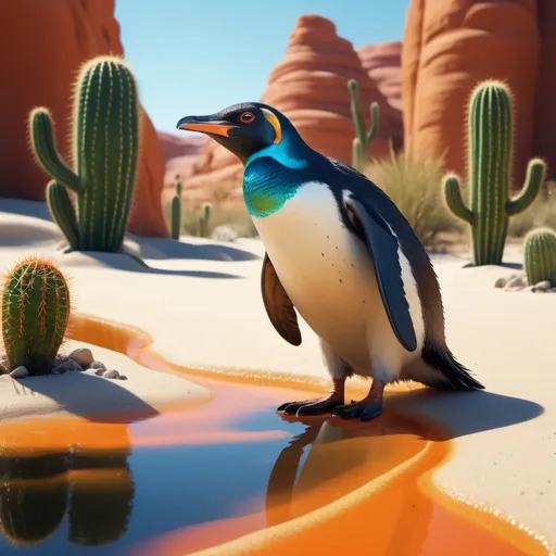 Prompt: (Penguin in the desert), surreal, vibrant color contrast, high depth cinematic masterpiece, dramatic lighting, orange sands, clear blue sky, hot and bright atmosphere, high-detail penguin plumage, tiny pond oasis nearby, cacti and sparse vegetation, penguin looking curious and slightly confused, ultra-detailed, 4K, highly realistic environment, slight heat haze creating distortions, photorealistic, National Geographic style.