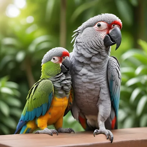 Prompt: (Gray parrot) sitting on (puppy dog's back), photorealistic, ultra-detailed, vibrant colors, bright and cheerful atmosphere, natural lighting, high depth of field, lush green garden background, detailed feathers of parrot, soft fur texture of puppy, playful scene, 4K resolution, award-winning photography, captivating and heartwarming moment, dynamic pose and interaction, eye-catching composition, top-notch clarity and sharpness, professional-grade image quality.