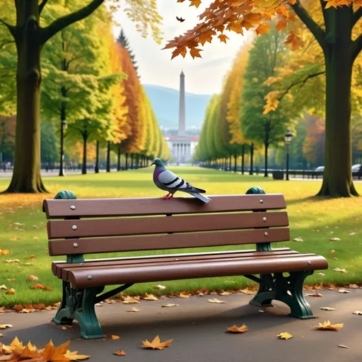 Prompt: (pigeon on a park bench), serene atmosphere, warm muted colors, soft sunlight filtering through trees, high detail feathers, detailed environment, lush green park, fallen leaves on the ground, vintage park bench, cozy emotional tone, background of tall trees and distant mountains, photorealistic, ultra-detailed, 4K, award-winning composition