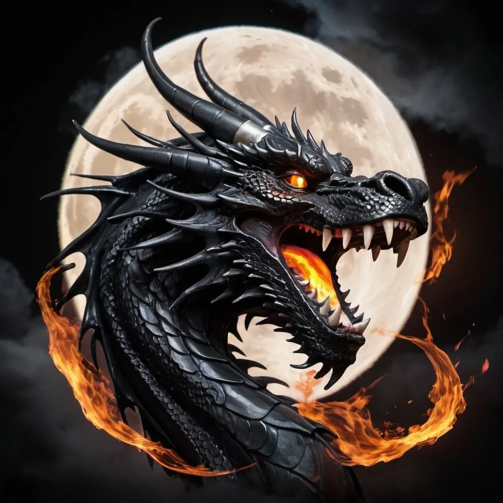 Prompt: A black dragon's head that is roaring with flame coming out, in front of the moon at night.