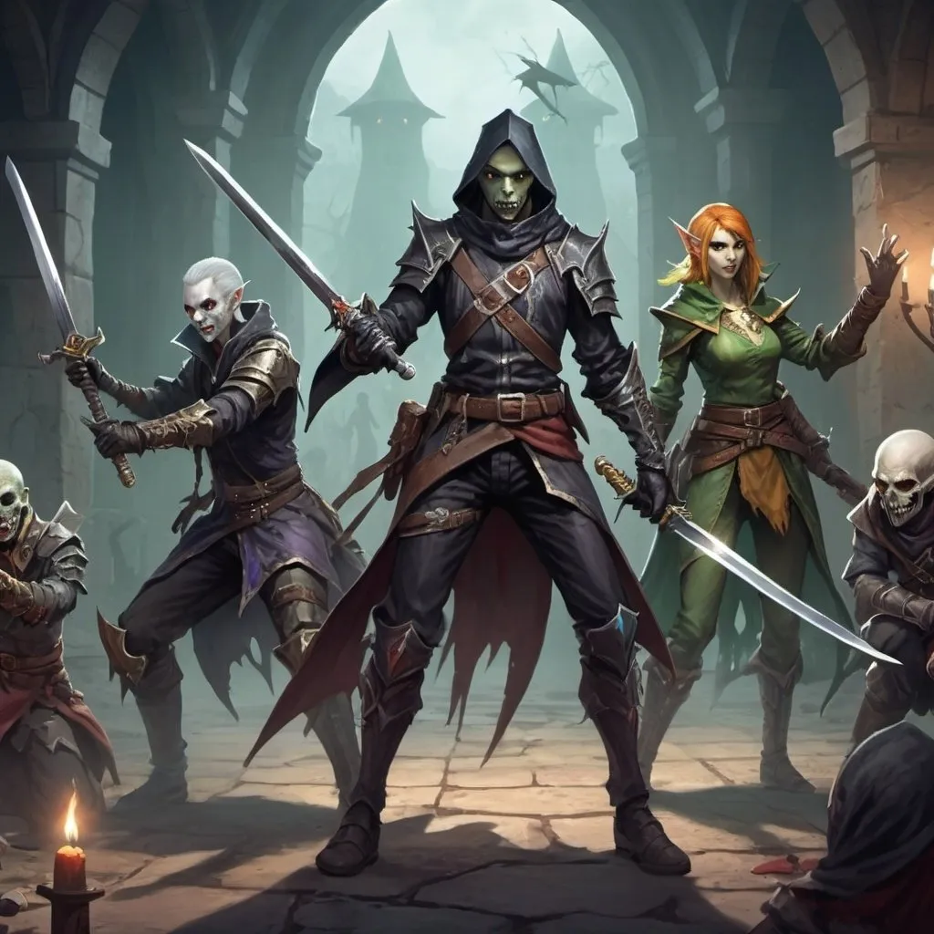 Prompt: 4 party members:
An undead two handed swordsman,
An undead thief,
A human ranger
An elf mage

show us together in a party, in battle stance