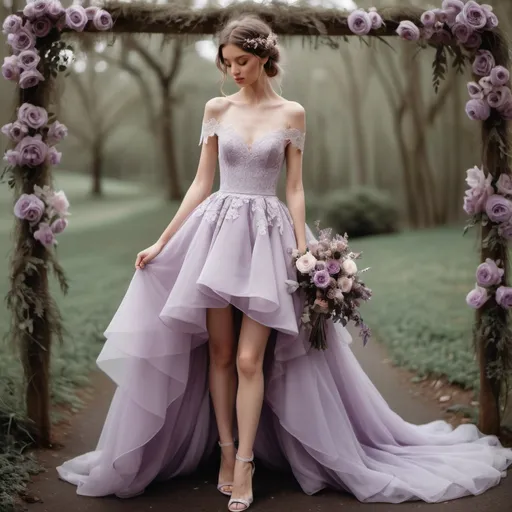 Prompt: Pale purple wedding dress with lace bodice and high-low skirt and off the shoulder straps