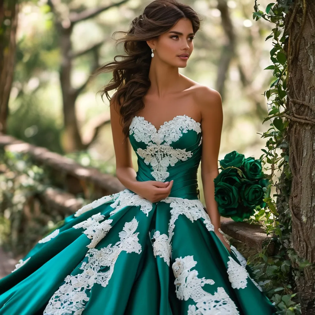 Prompt: Satin strapless wedding dress with high-low skirt with teal bodice with white lace on the bodice and teal flower in the center of the dress