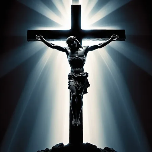 Prompt: A silhouette of Jesus on the cross, with rays of light emanating from his body, representing the triumph of sacrifice over death.