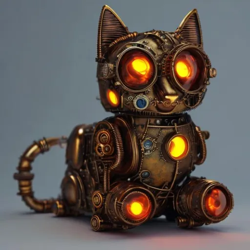 Prompt: steampunk robot cat, Red and Amber, Glowing, Realistic, 4k , Metal, fluffy, warrior, blue
