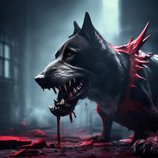 Prompt: Dangerous dog, blood hound, blood punk, scary, dark, sharp teeth,8k ,Hyperrealisic  