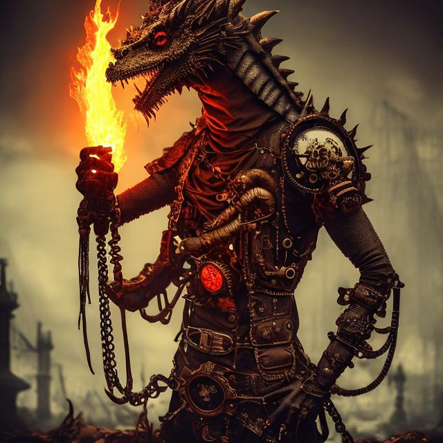 Prompt: Old time, Steampunk ,Blood punk, Dragon, 8k, Superrealisic , Majestic, beautiful, fire, neon, glowing, Cool