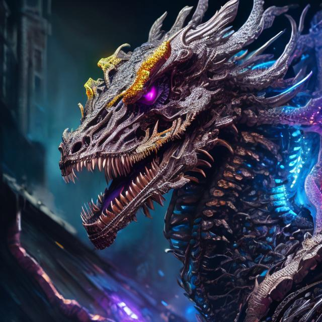 Prompt: Portrait of a roaring neon skeleton dragon with iridescent black markings and a cute face, perfect composition, hyperrealistic, super detailed, 8k, high quality, trending art, trending on artstation, sharp focus, studio photo, intricate details, highly detailed, by greg rutkowski, illustration, watercolor
anime

l 