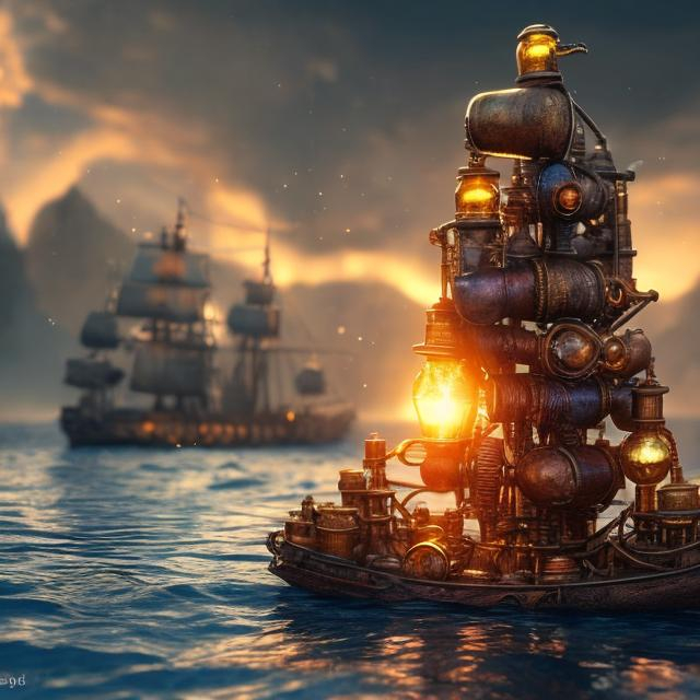 Prompt: Ship in a bottle, 4k , magic, Water, realistic, blue, sunny, steampunk, fire, amber.