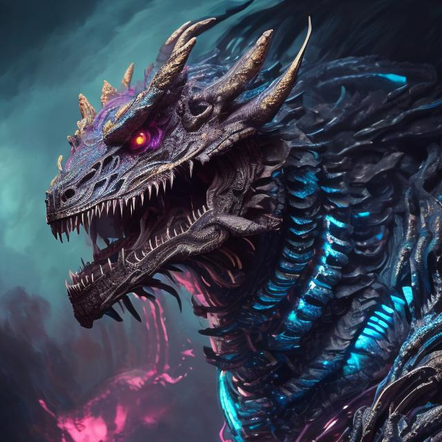 Prompt: Portrait of a roaring neon skeleton dragon with iridescent black markings and a cute face, perfect composition, hyperrealistic, super detailed, 8k, high quality, trending art, trending on artstation, sharp focus, studio photo, intricate details, highly detailed, by greg rutkowski, illustration, watercolor
anime

l 