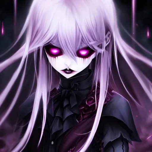 Prompt: Evil anime vampiress, soft cheeks, pink cheeks, lavender eyes, tall, beautiful, dark, blood 